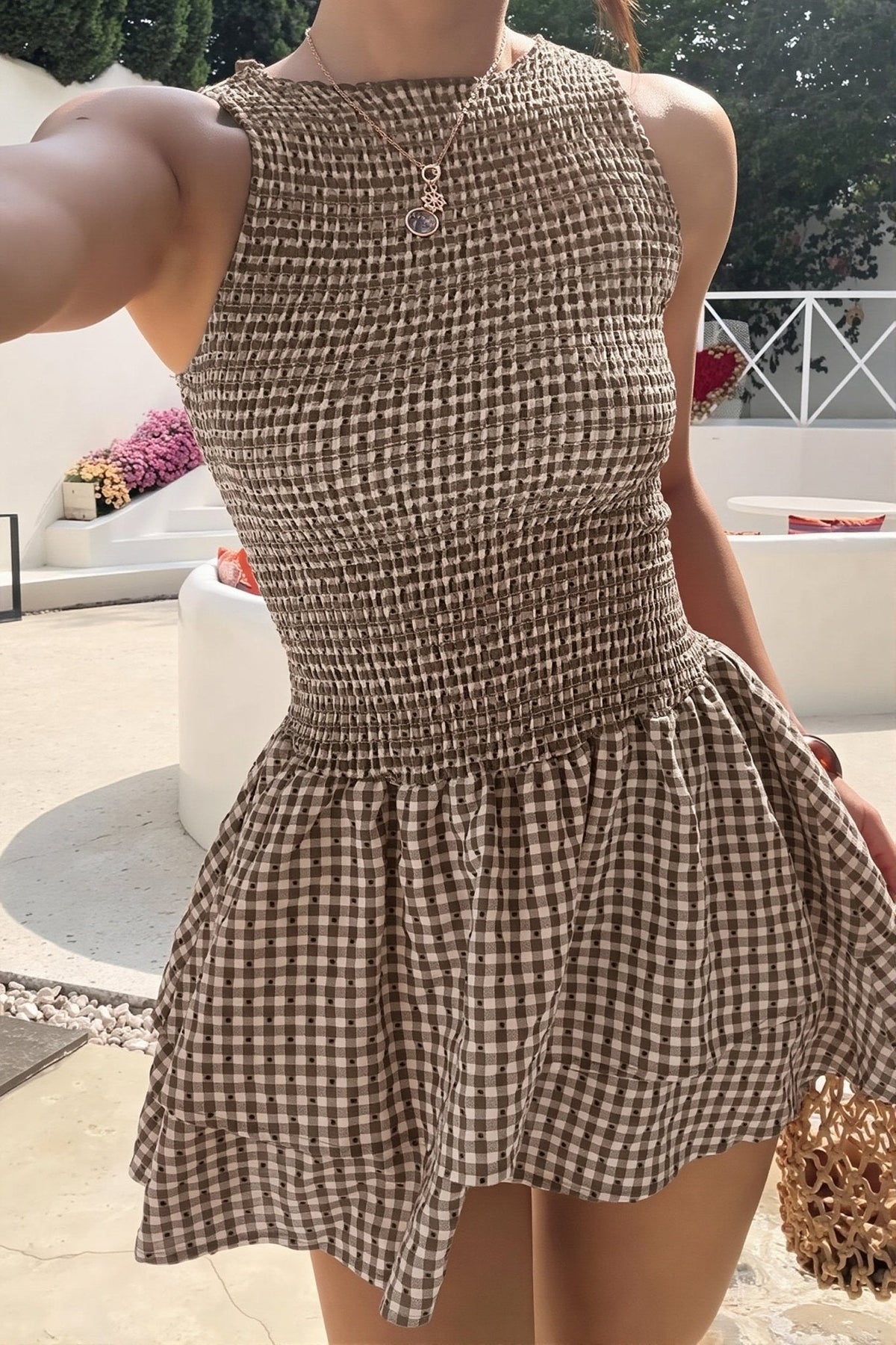 Kariertes, gerafftes Lagen-Minikleid