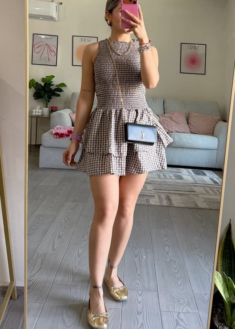 Kariertes, gerafftes Lagen-Minikleid
