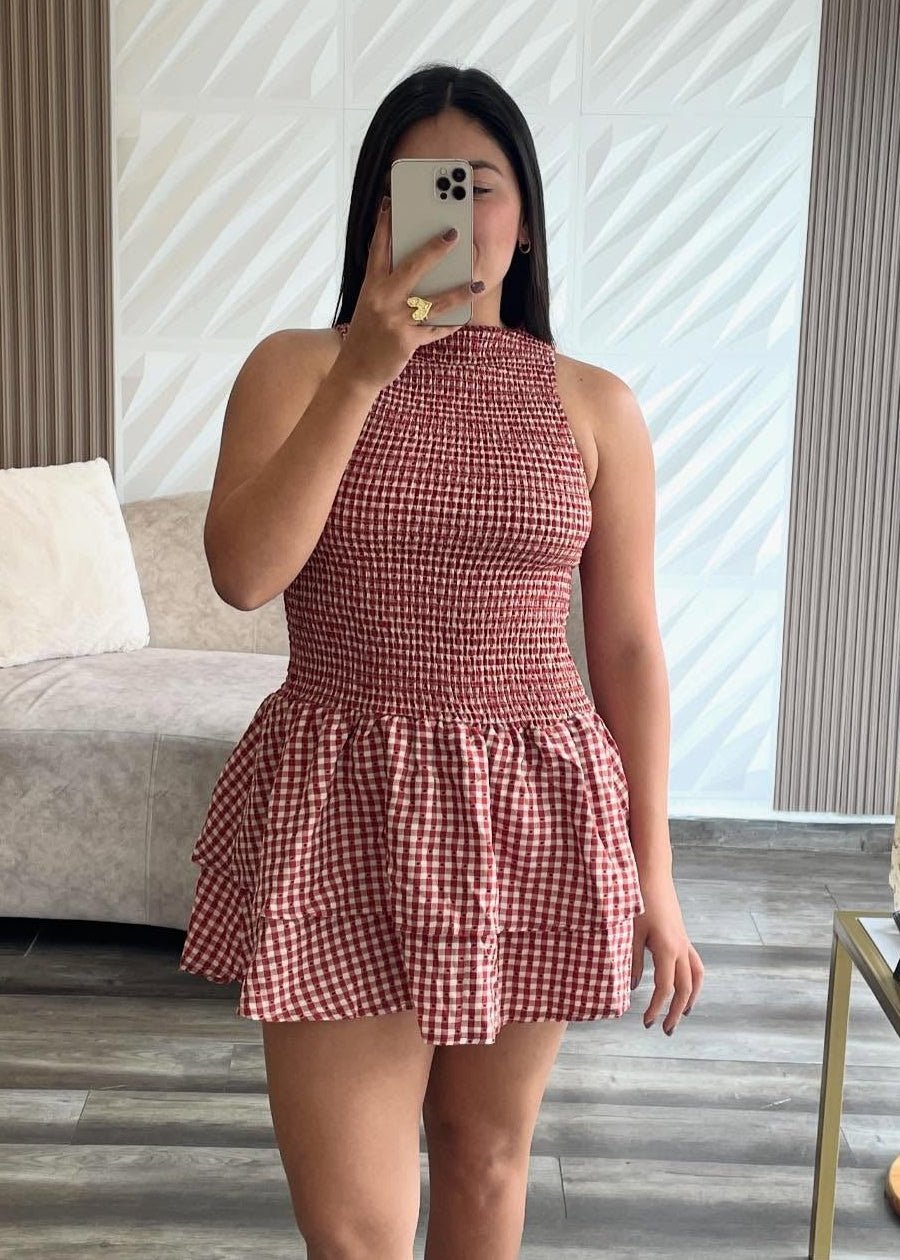 Kariertes, gerafftes Lagen-Minikleid
