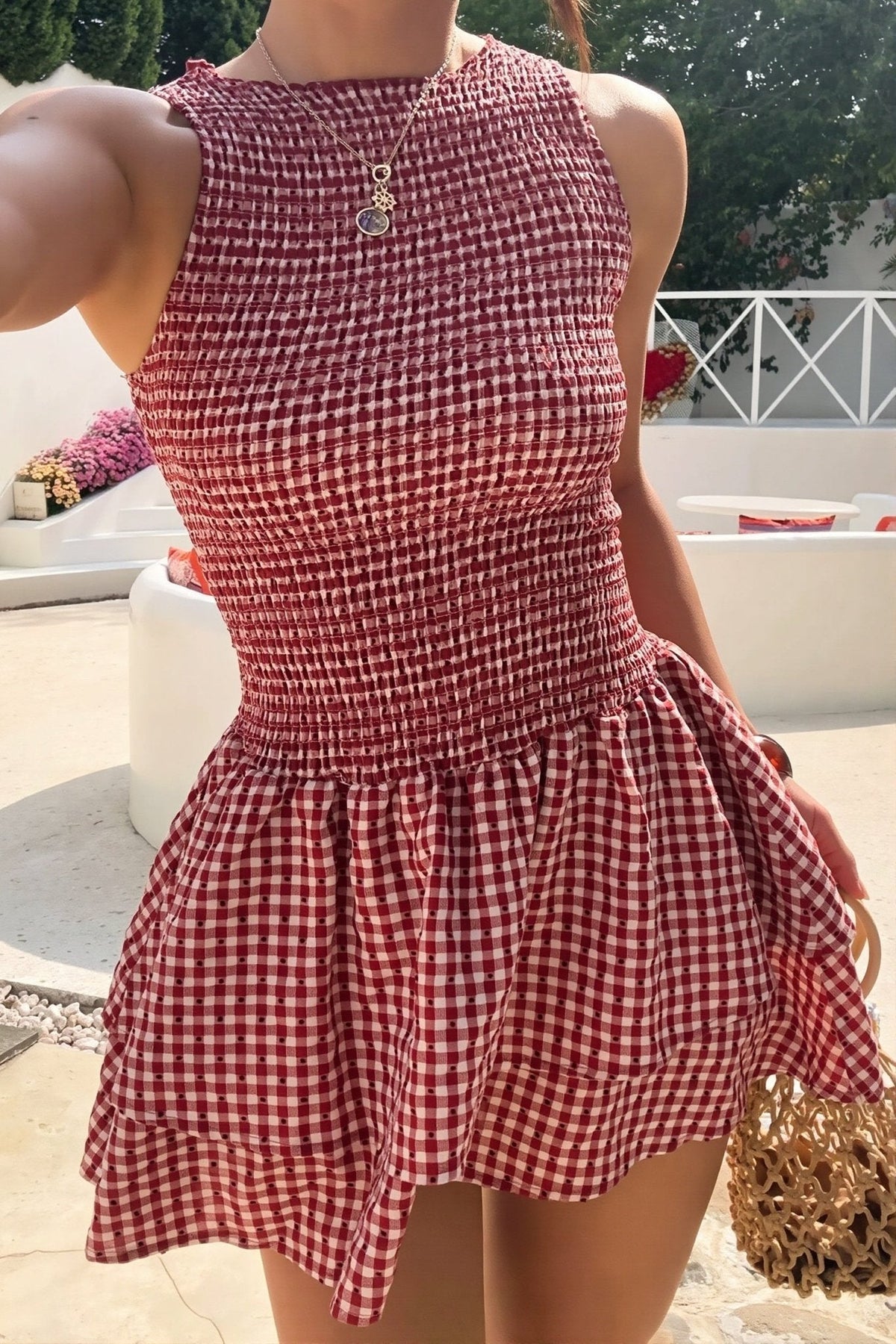 Kariertes, gerafftes Lagen-Minikleid