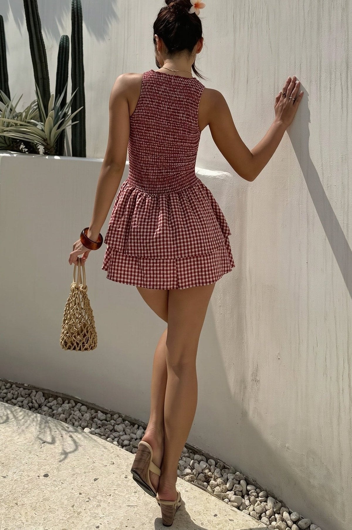 Kariertes, gerafftes Lagen-Minikleid