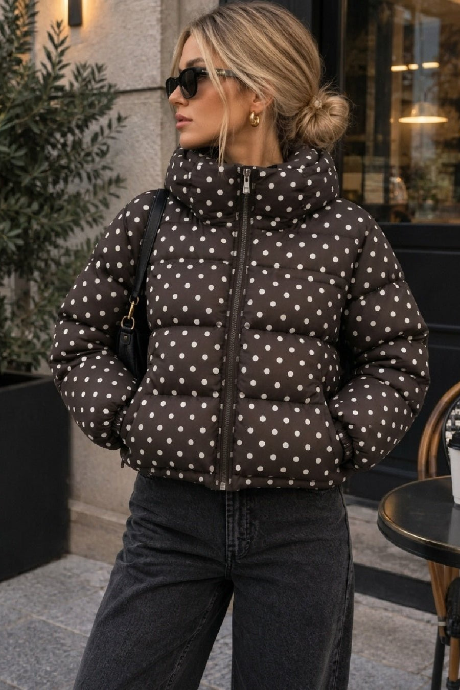 Gepunktete kurze Daunenjacke