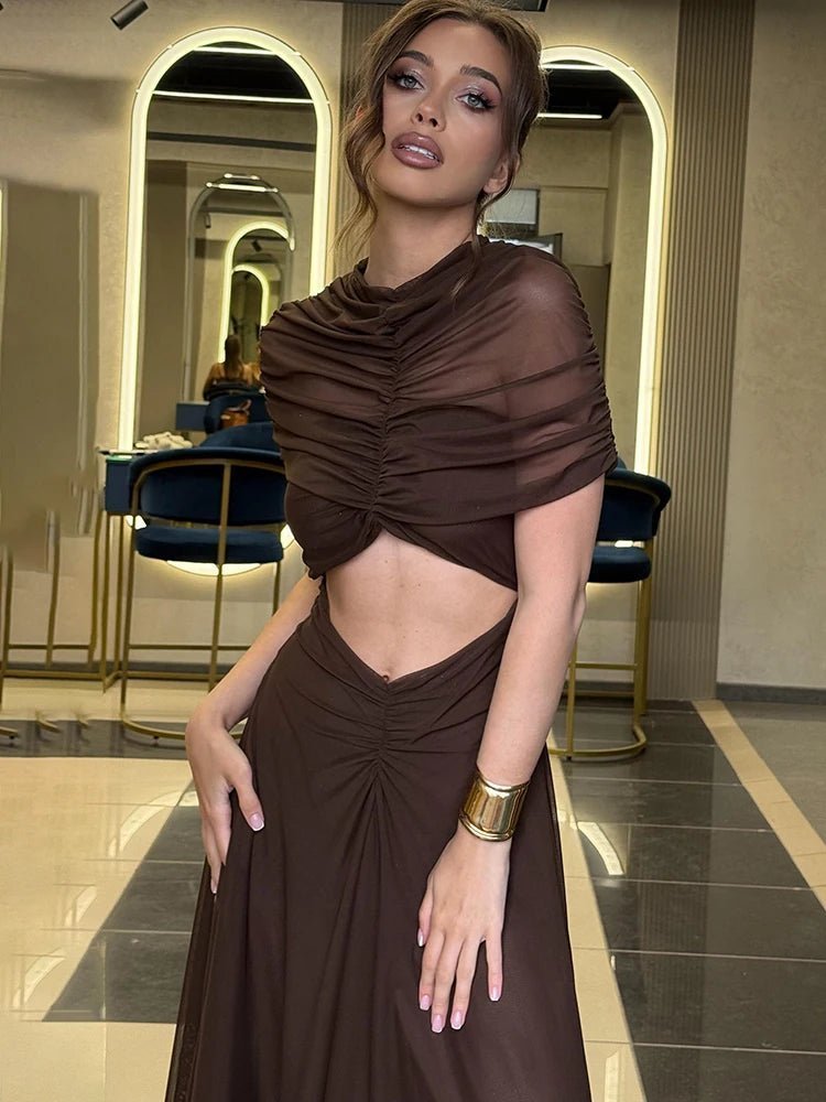 OLANE Ruched Cutout Bodycon Maxi Dress BrownXSWomen's Dresses