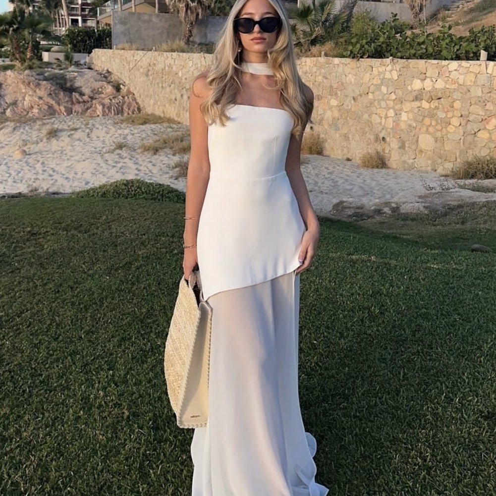 Transparentes, asymmetrisches, trägerloses Maxikleid