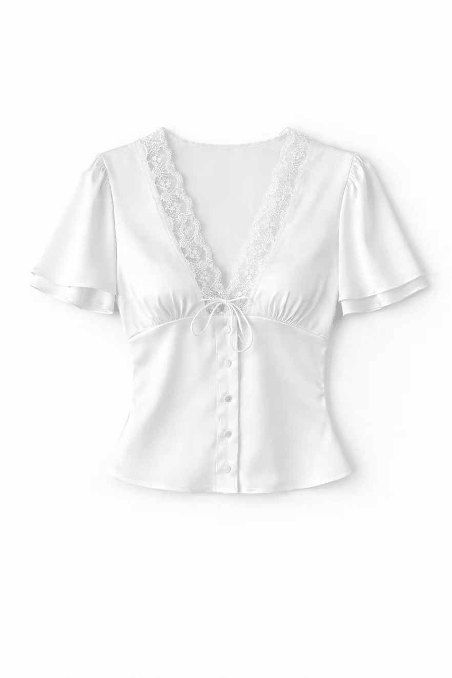 Teresa – Kurzarm-Spitzen-Satin-Bluse mit Knöpfen