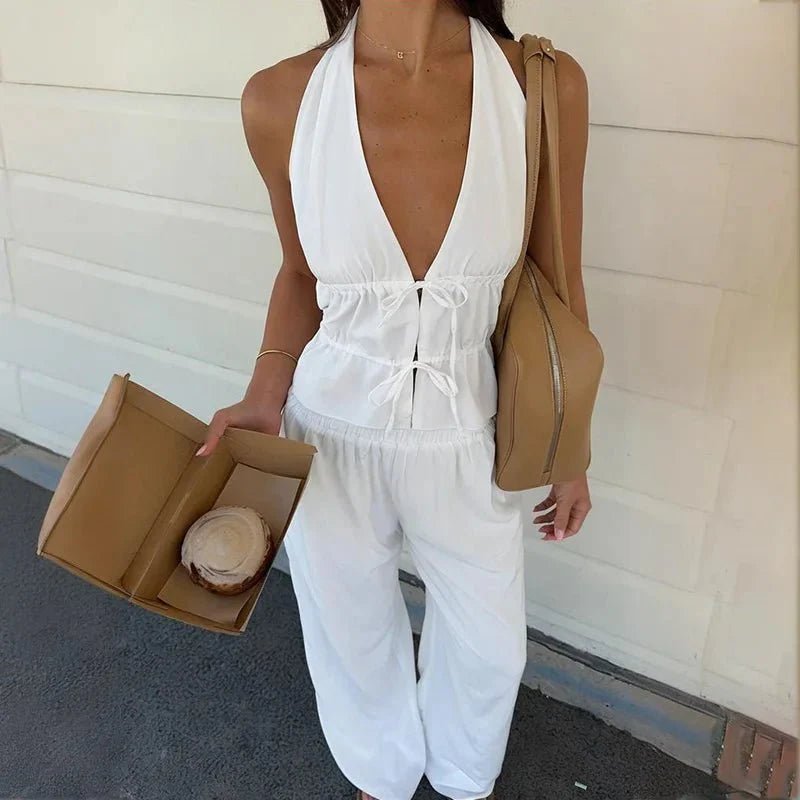 Erica – Zweiteiler aus ärmellosem Neckholder-Top und weiter Hose