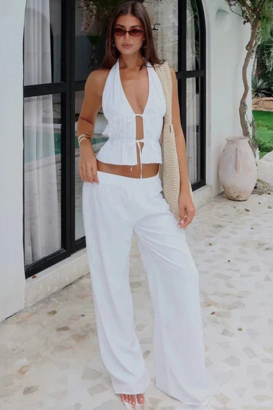 Erica – Zweiteiler aus ärmellosem Neckholder-Top und weiter Hose