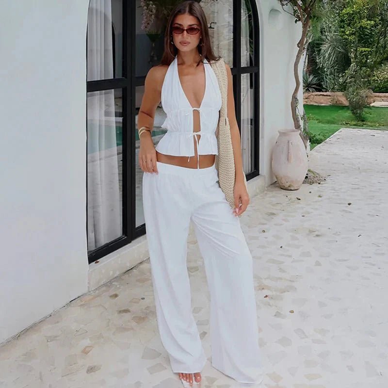 Erica – Zweiteiler aus ärmellosem Neckholder-Top und weiter Hose