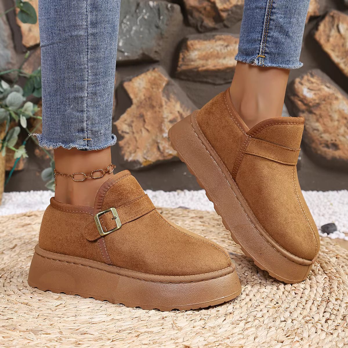 Slip-On Kunstwildleder-Plateau Knöchelstiefel