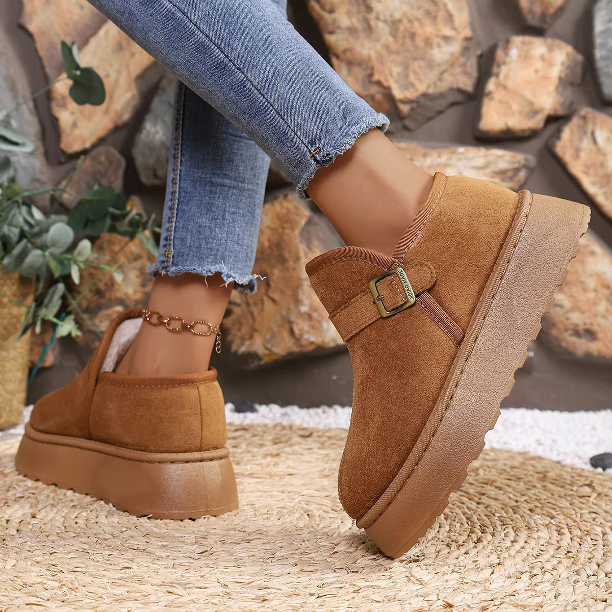 Slip-On Kunstwildleder-Plateau Knöchelstiefel