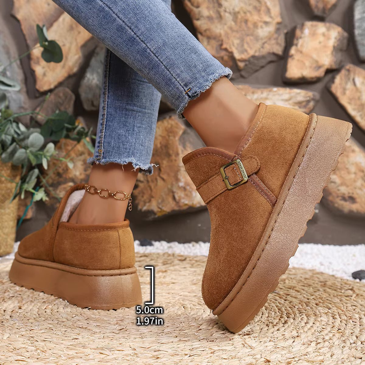 Slip-On Kunstwildleder-Plateau Knöchelstiefel