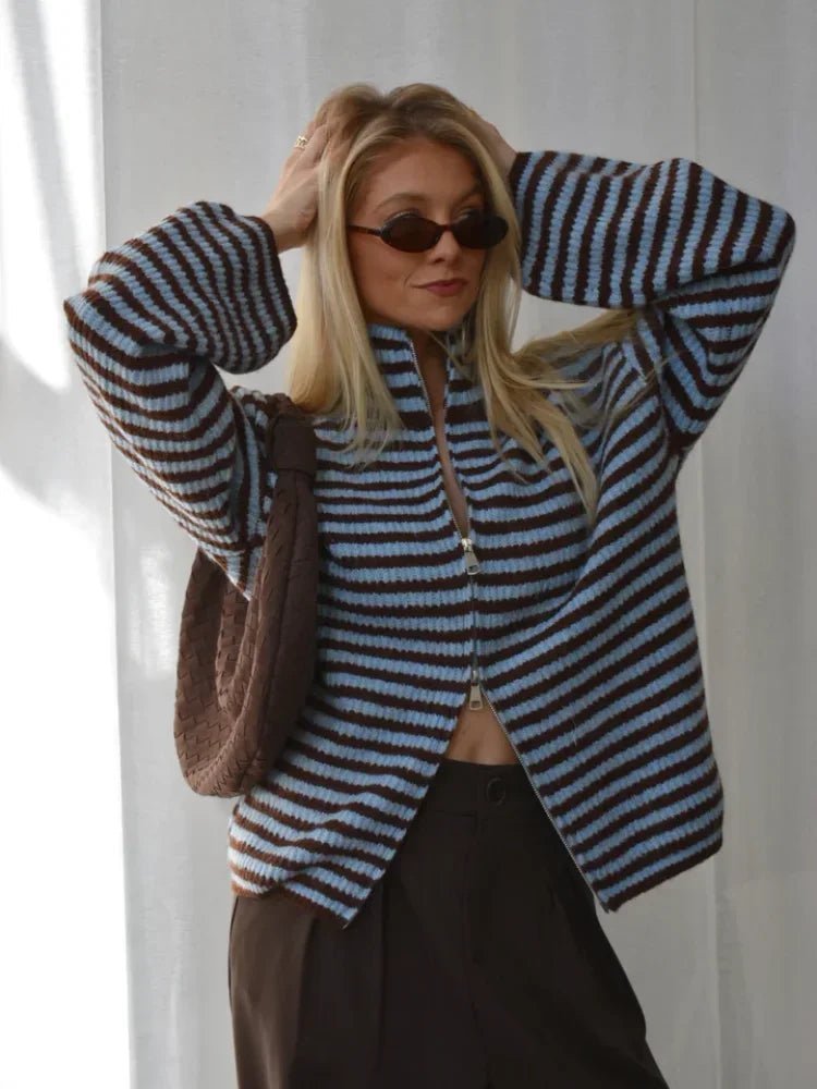 OLANE Striped Mock Neck Cardigan BlueMWomen's Sweaters & Cardigans
