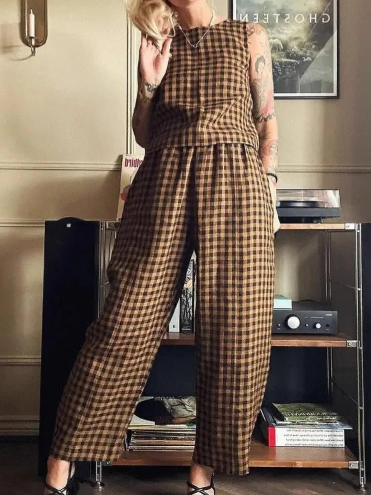 Amelia – Kariertes Set aus ärmelloser Weste und Hose