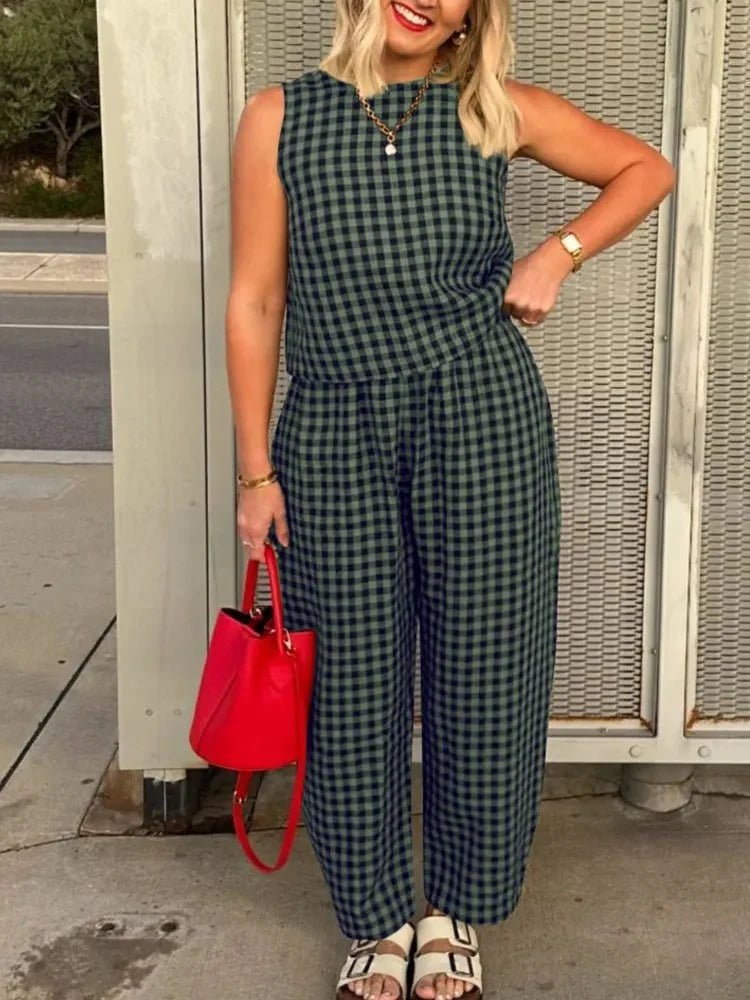 Amelia – Kariertes Set aus ärmelloser Weste und Hose