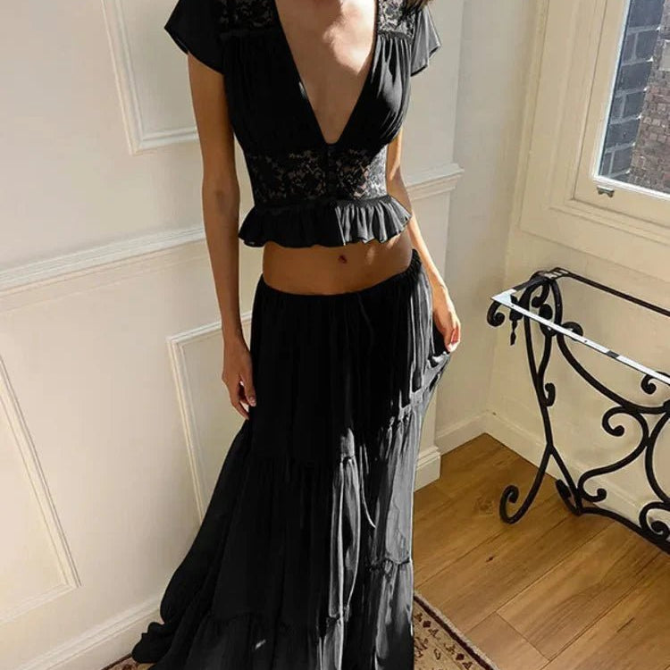 Ella – Spitzen-Crop-Top Chiffon Zweiteiler