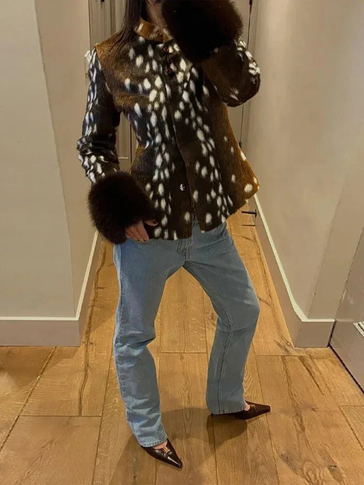 Vintage Dunkler Kontrastbündchen Kunstpelzjacke