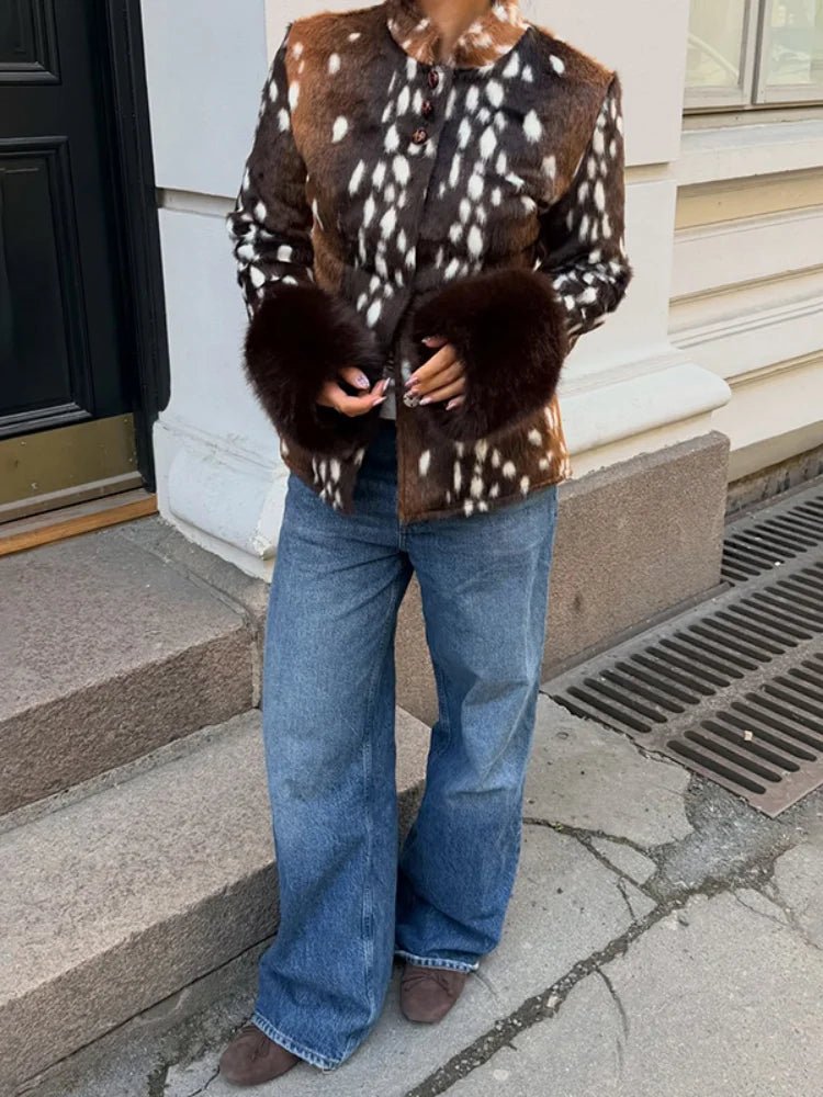 Vintage Dunkler Kontrastbündchen Kunstpelzjacke