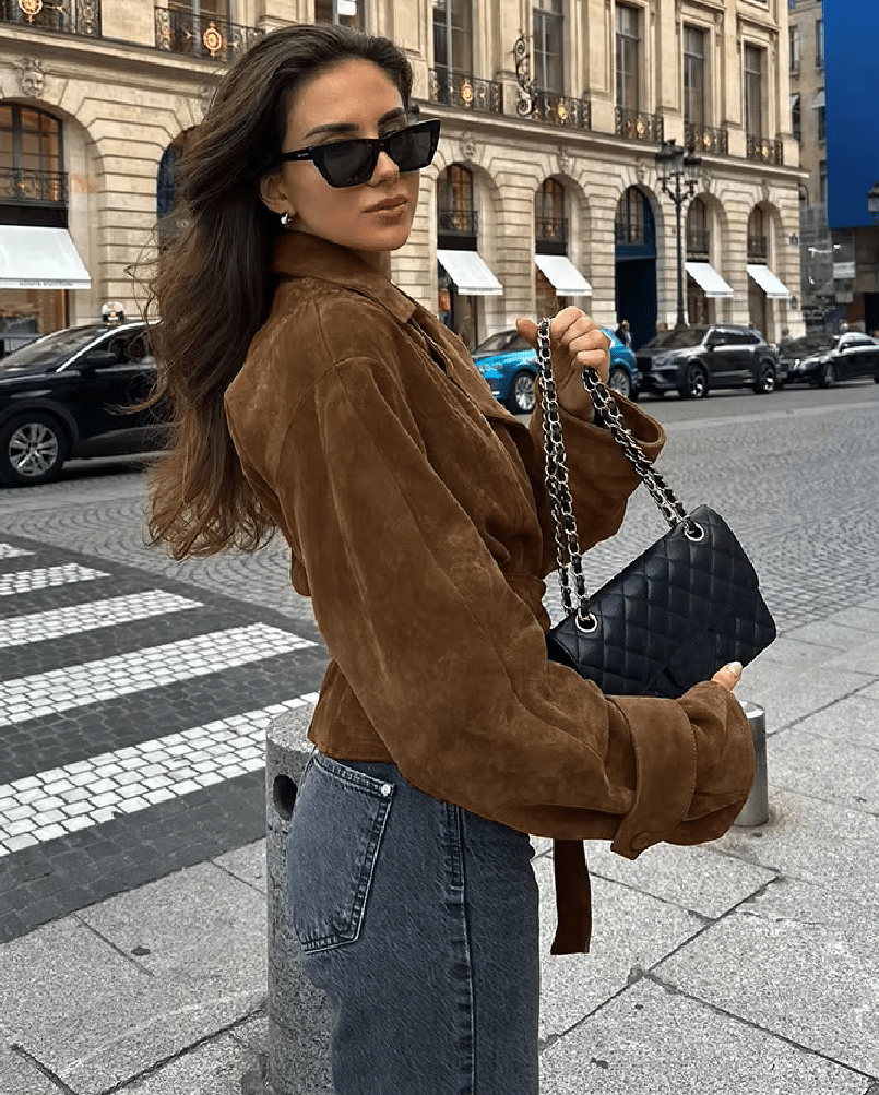 Wickeljacke aus Wildlederimitat mit Gürtel im Vintage-Stil