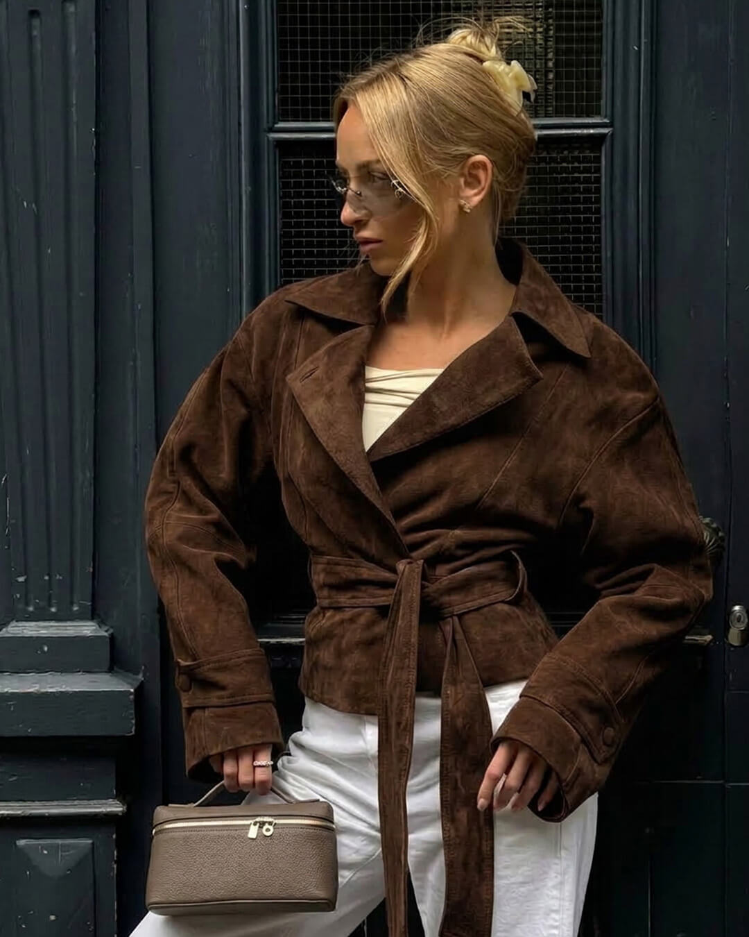 Wickeljacke aus Wildlederimitat mit Gürtel im Vintage-Stil