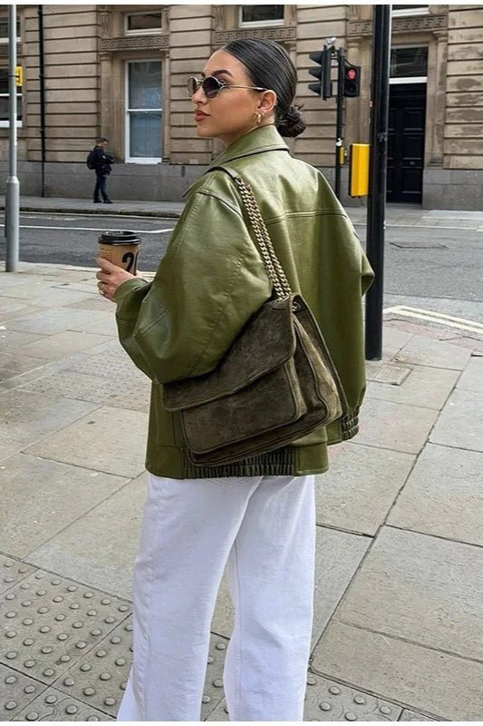 Grüne Kunstlederjacke im Vintage-Stil