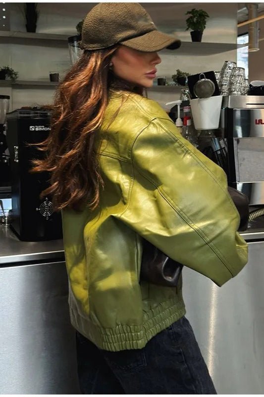 Grüne Kunstlederjacke im Vintage-Stil