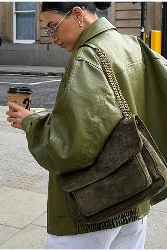 Grüne Kunstlederjacke im Vintage-Stil
