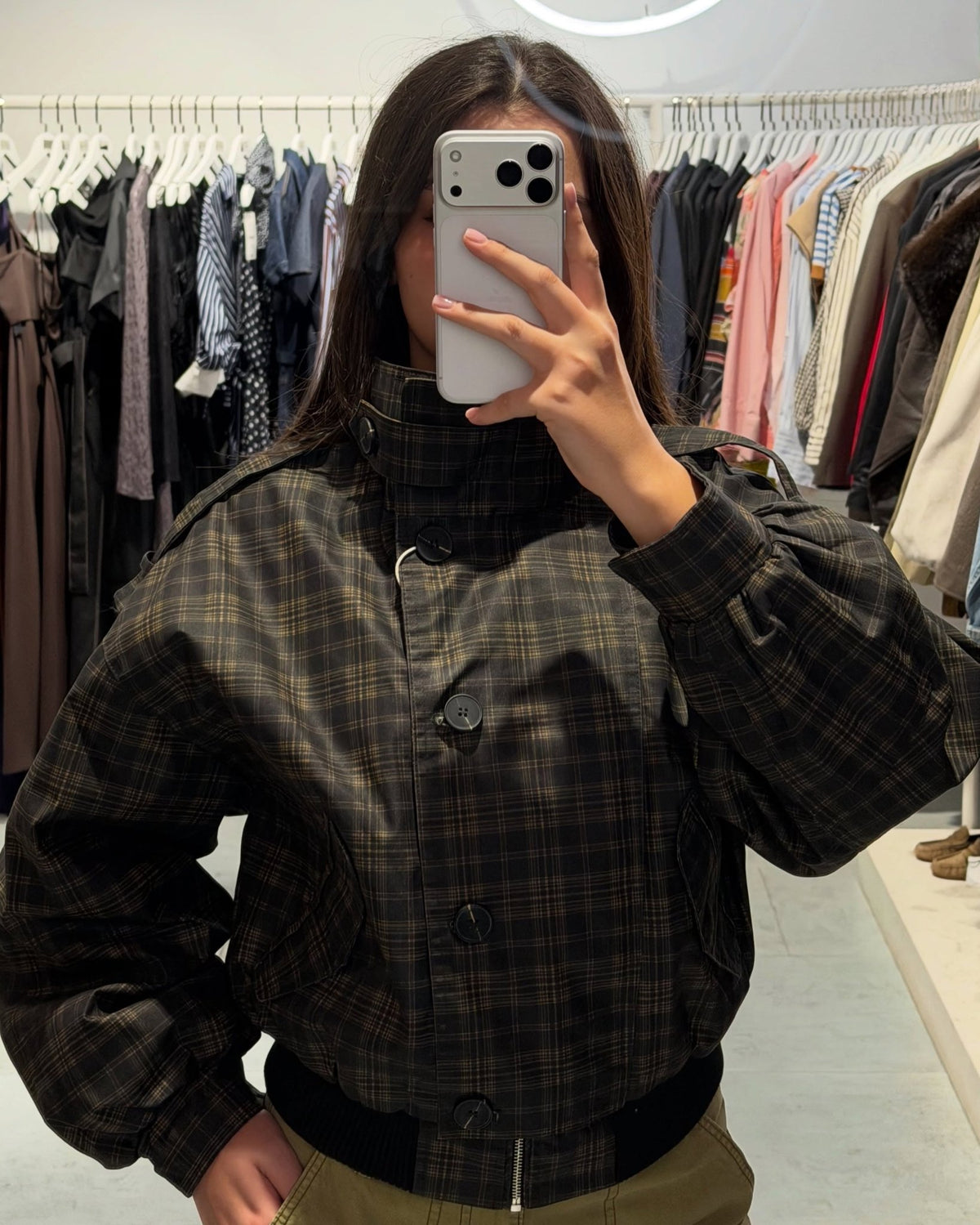 Vintage-Karo-Bomberjacke mit Stehkragen