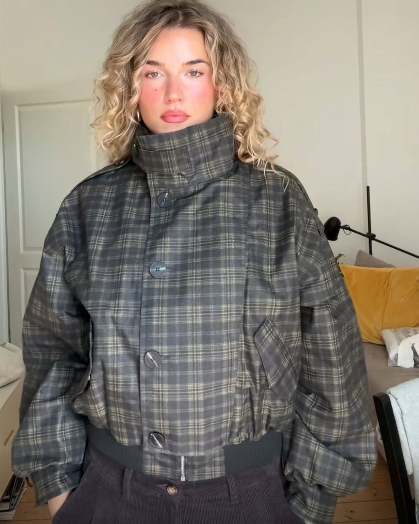 Vintage-Karo-Bomberjacke mit Stehkragen
