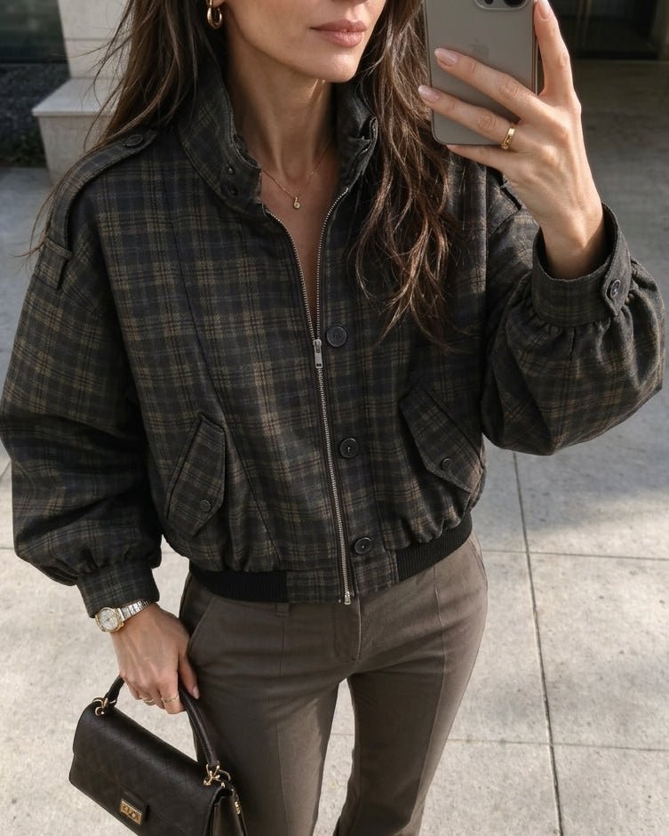 Vintage-Karo-Bomberjacke mit Stehkragen