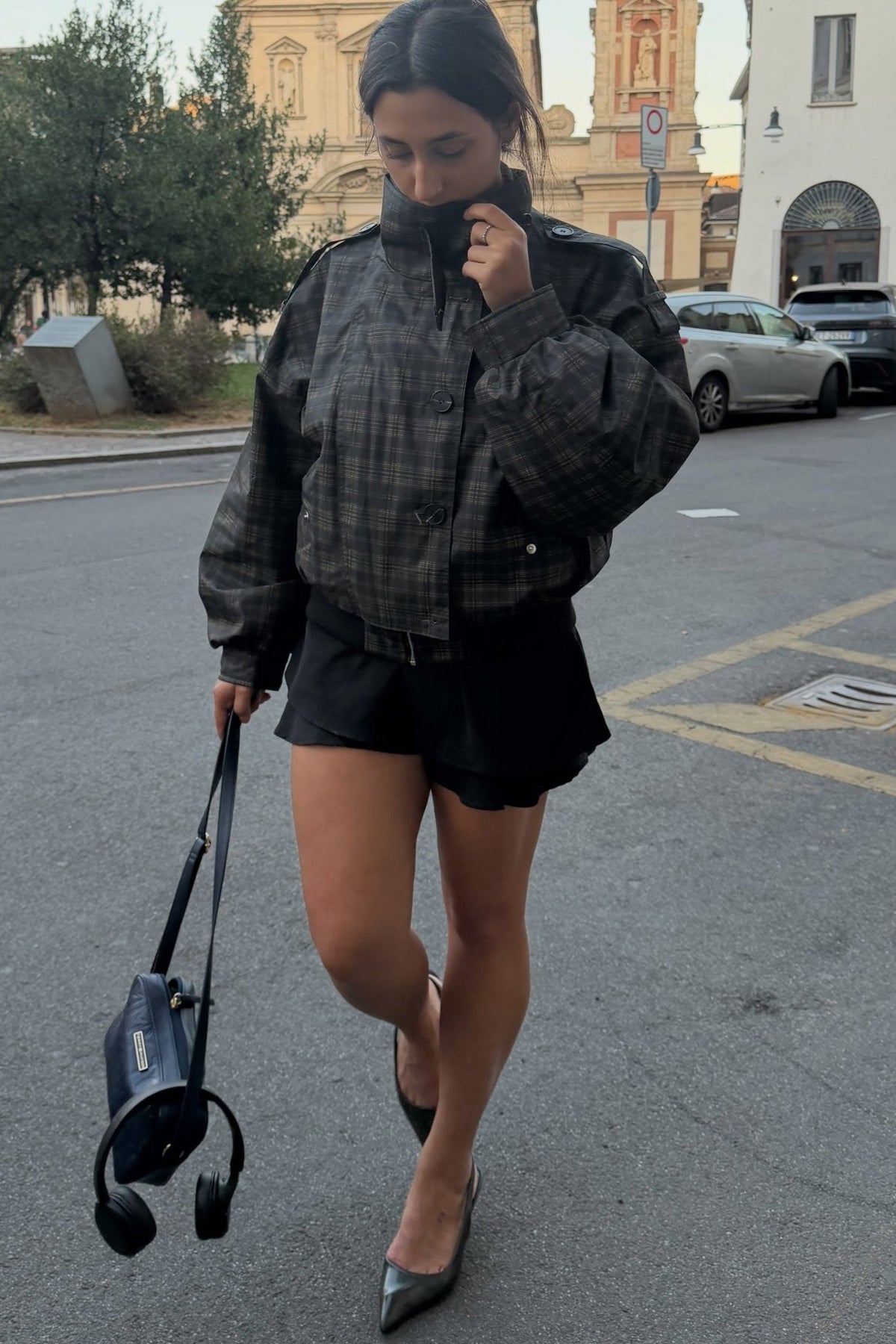 Vintage-Karo-Bomberjacke mit Stehkragen