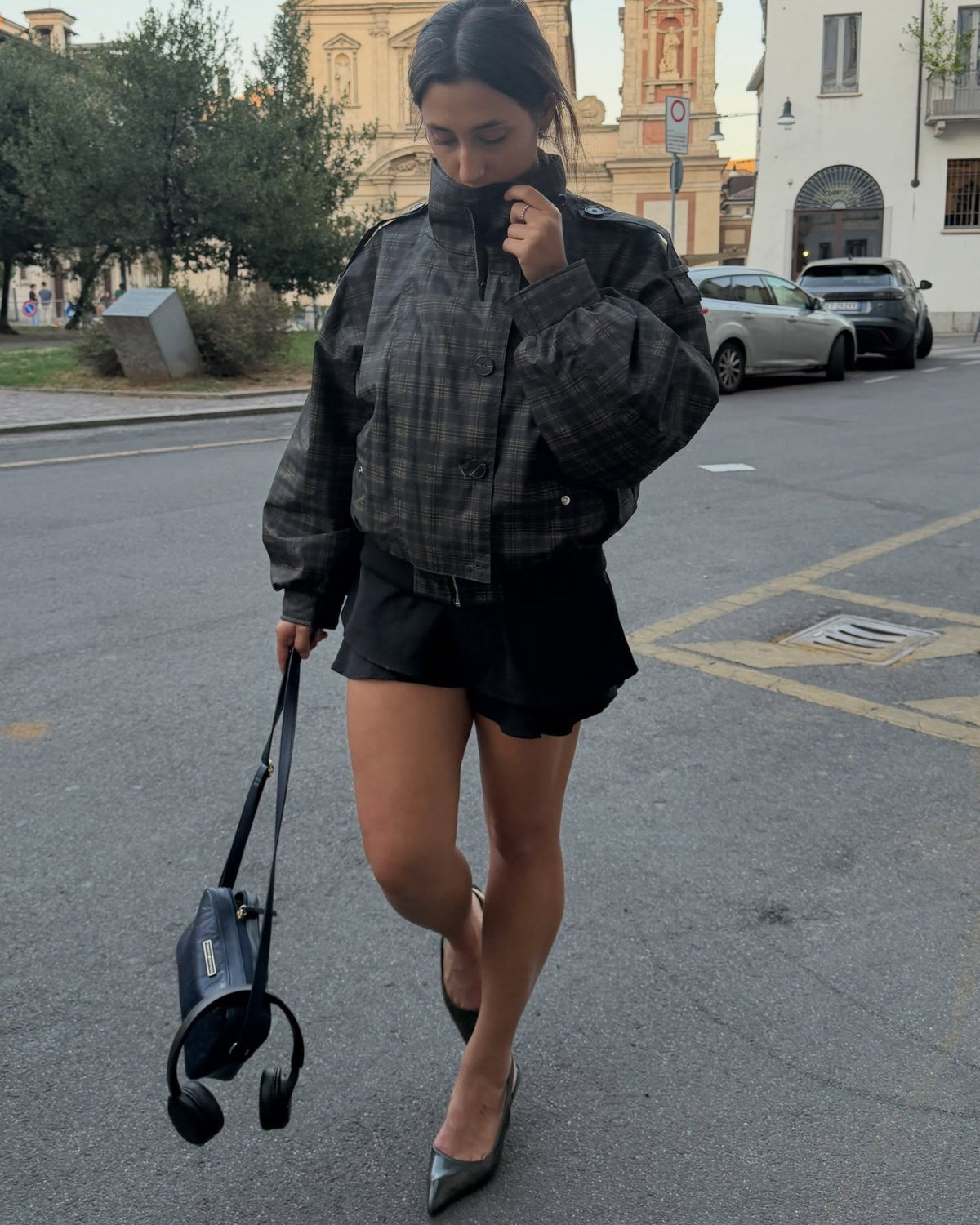 Vintage-Karo-Bomberjacke mit Stehkragen