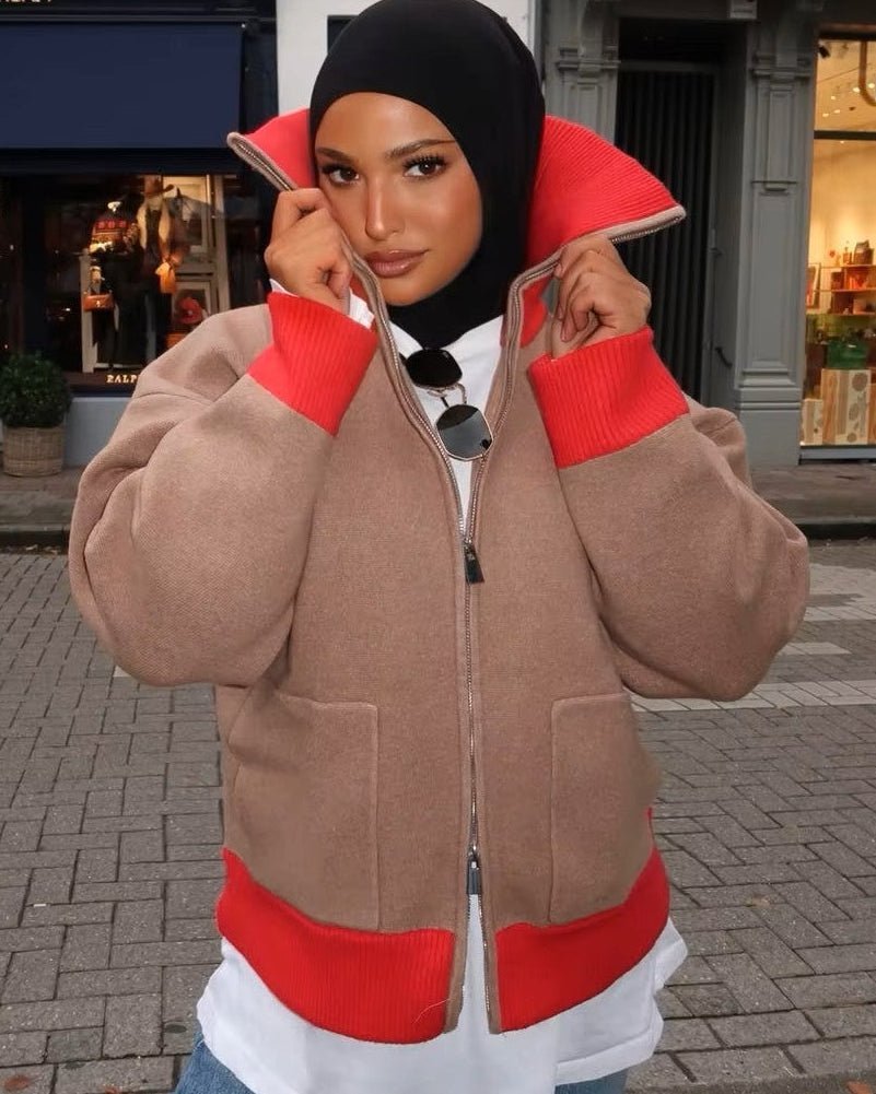 Breite Strickjacke mit Rippkragen im Colorblock-Design