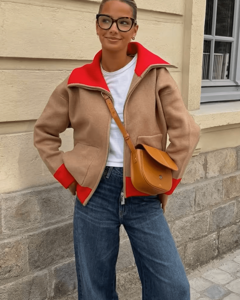 Breite Strickjacke mit Rippkragen im Colorblock-Design
