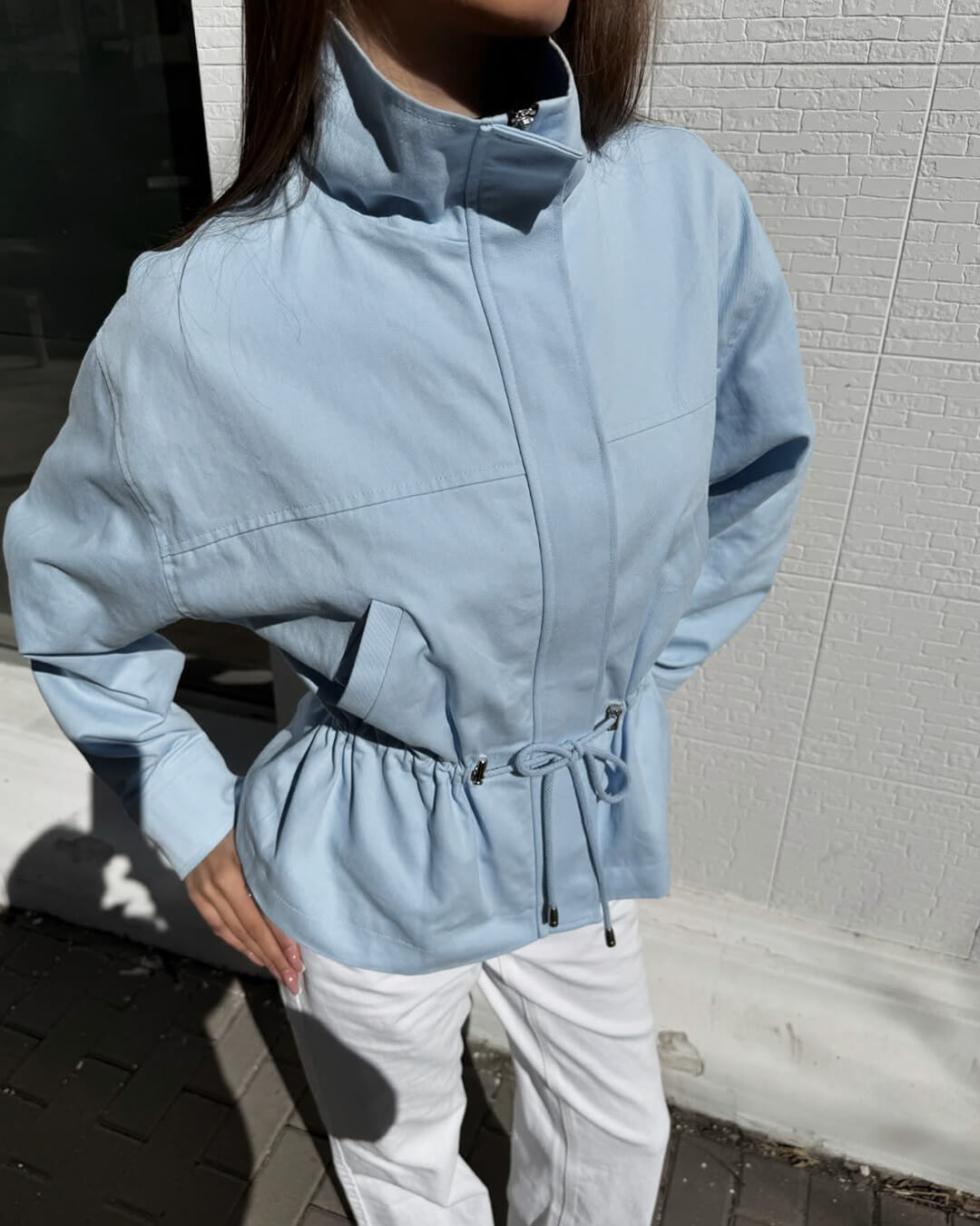Stehkragenjacke mit Reißverschluss und Kordelzug