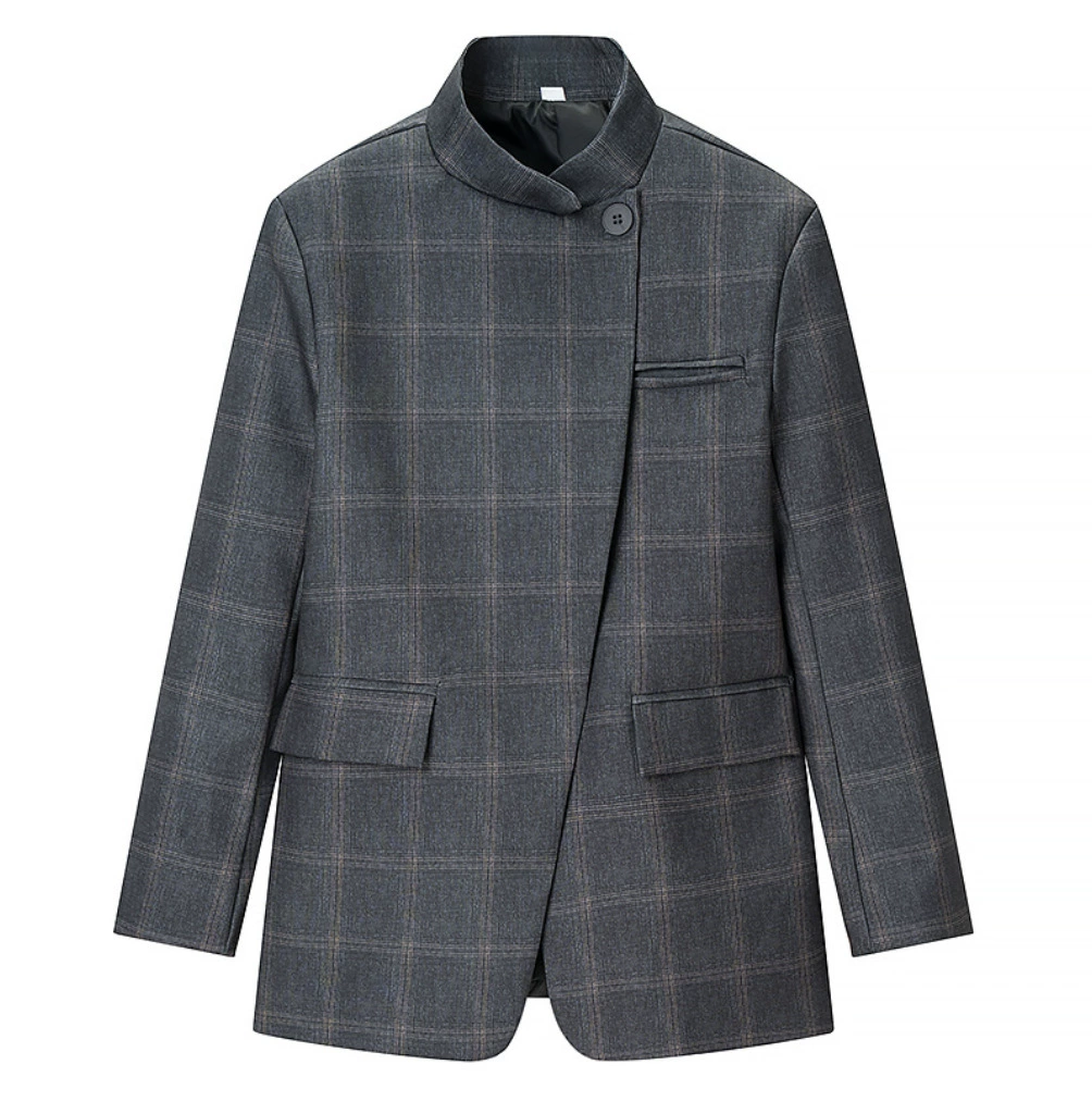 Chic Plaid Stand Collar Blazer