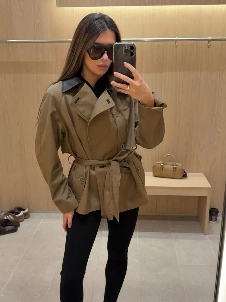 Faux Leather Collar Belted Trench Coat
