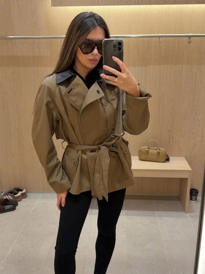 Faux Leather Collar Belted Trench Coat