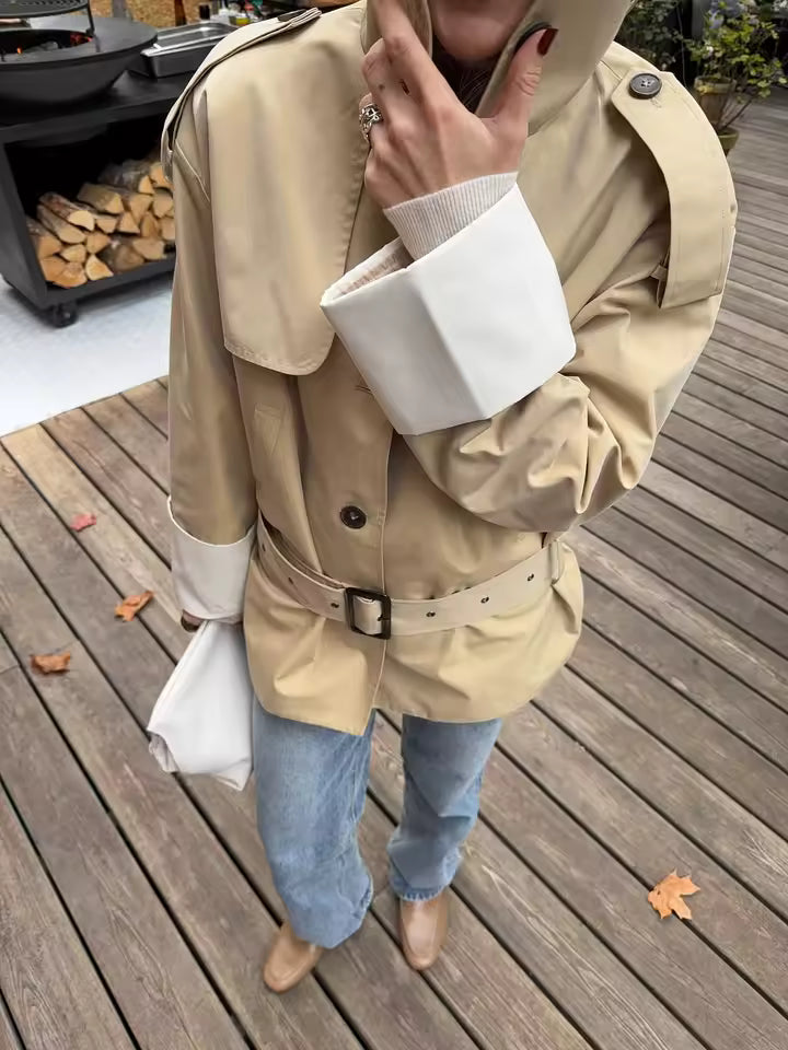 Contrast Cuffs Belted Trench Coat