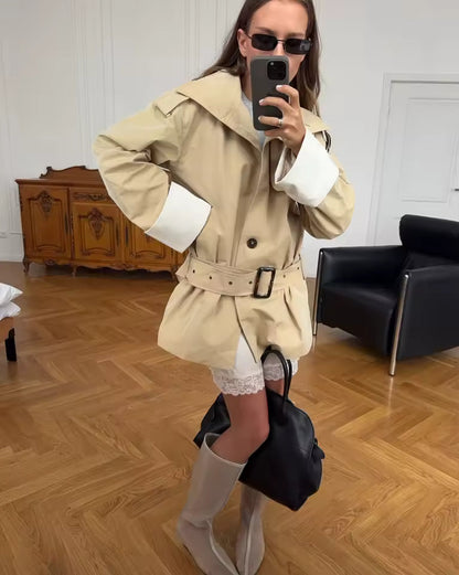 Contrast Cuffs Belted Trench Coat