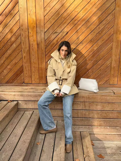 Contrast Cuffs Belted Trench Coat