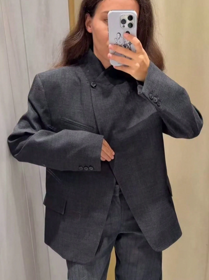 Chic Plaid Stand Collar Blazer