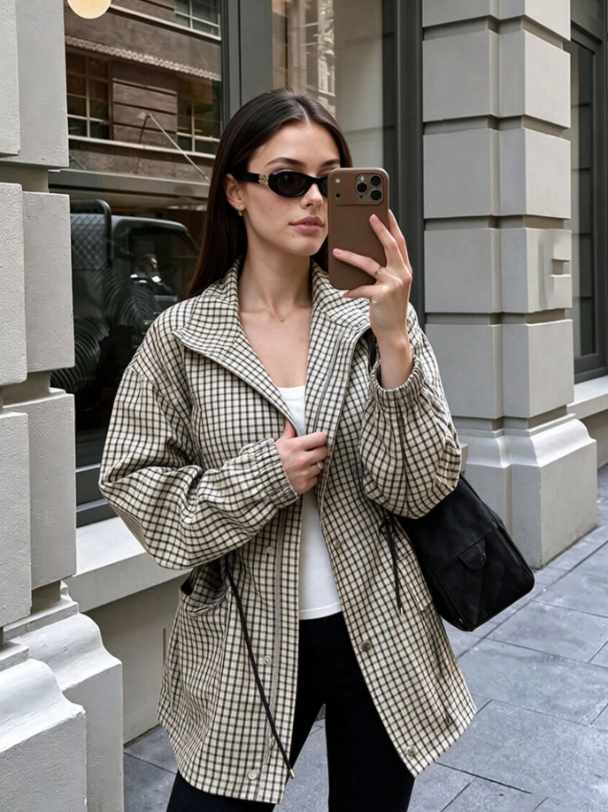 Classic High-Neck Plaid Jacket
