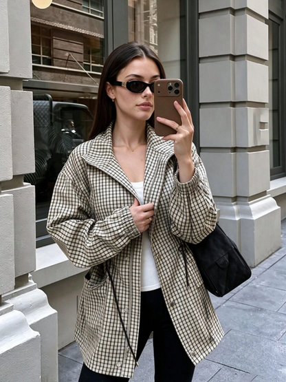 Classic High-Neck Plaid Jacket