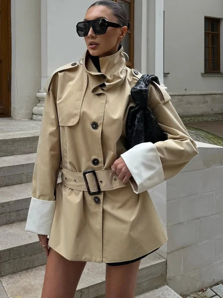 Contrast Cuffs Belted Trench Coat