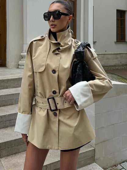 Contrast Cuffs Belted Trench Coat
