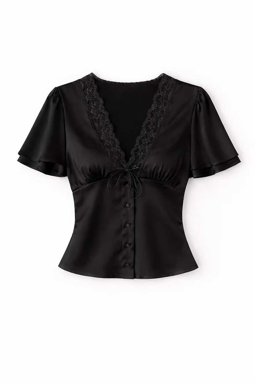 Kurzärmeliges Satinbluse mit Spitzenbesatz und Knöpfen