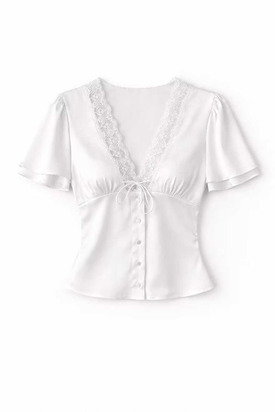 Kurzärmeliges Satinbluse mit Spitzenbesatz und Knöpfen
