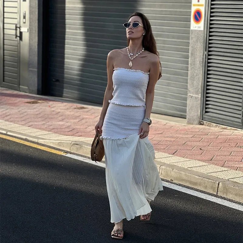 OLANE Knitted Tank Pleated Skirt Set Beige SetLWomen's Sets