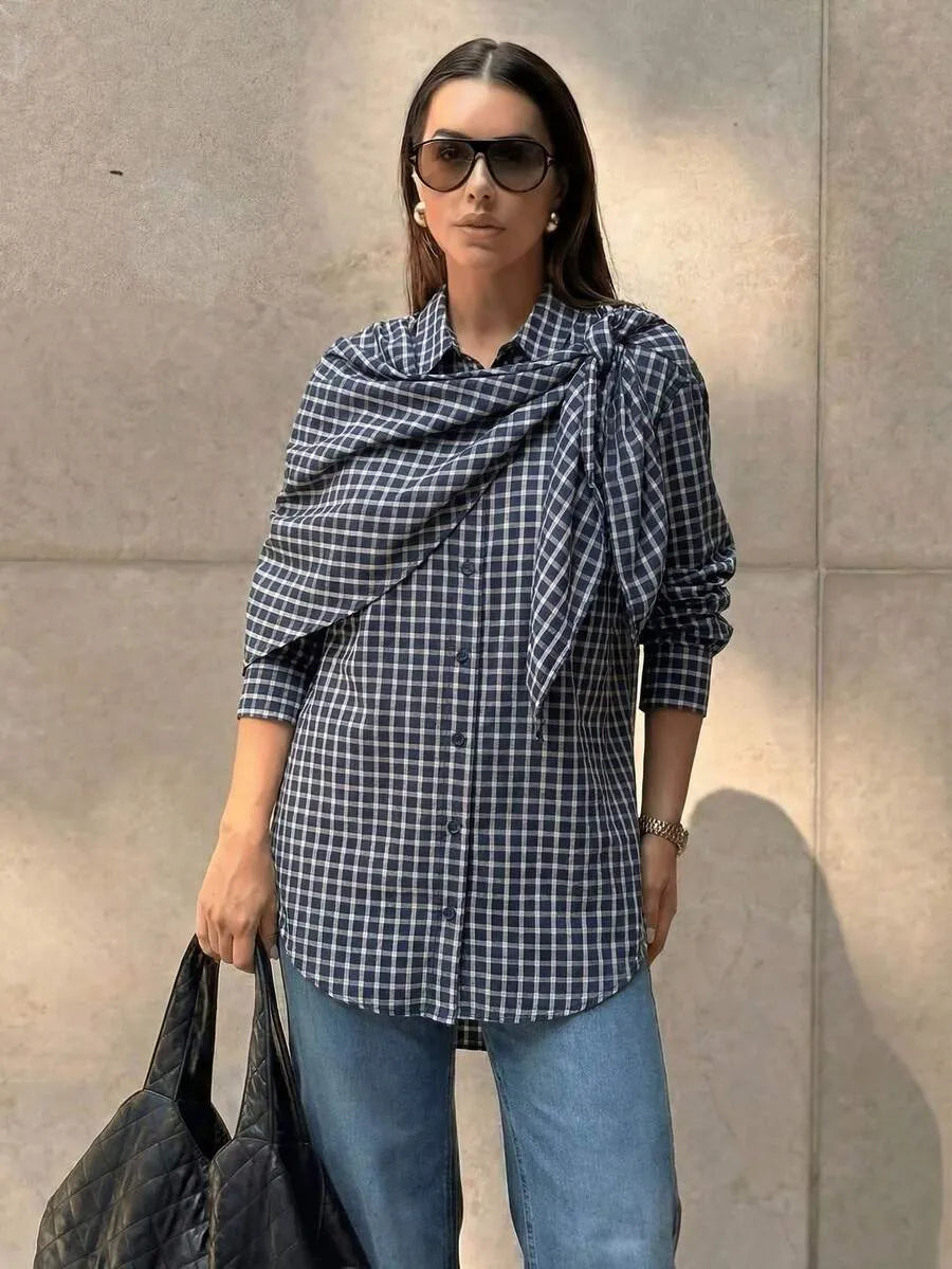 Classic Long Sleeve Plaid Scarf-Tie Shirt