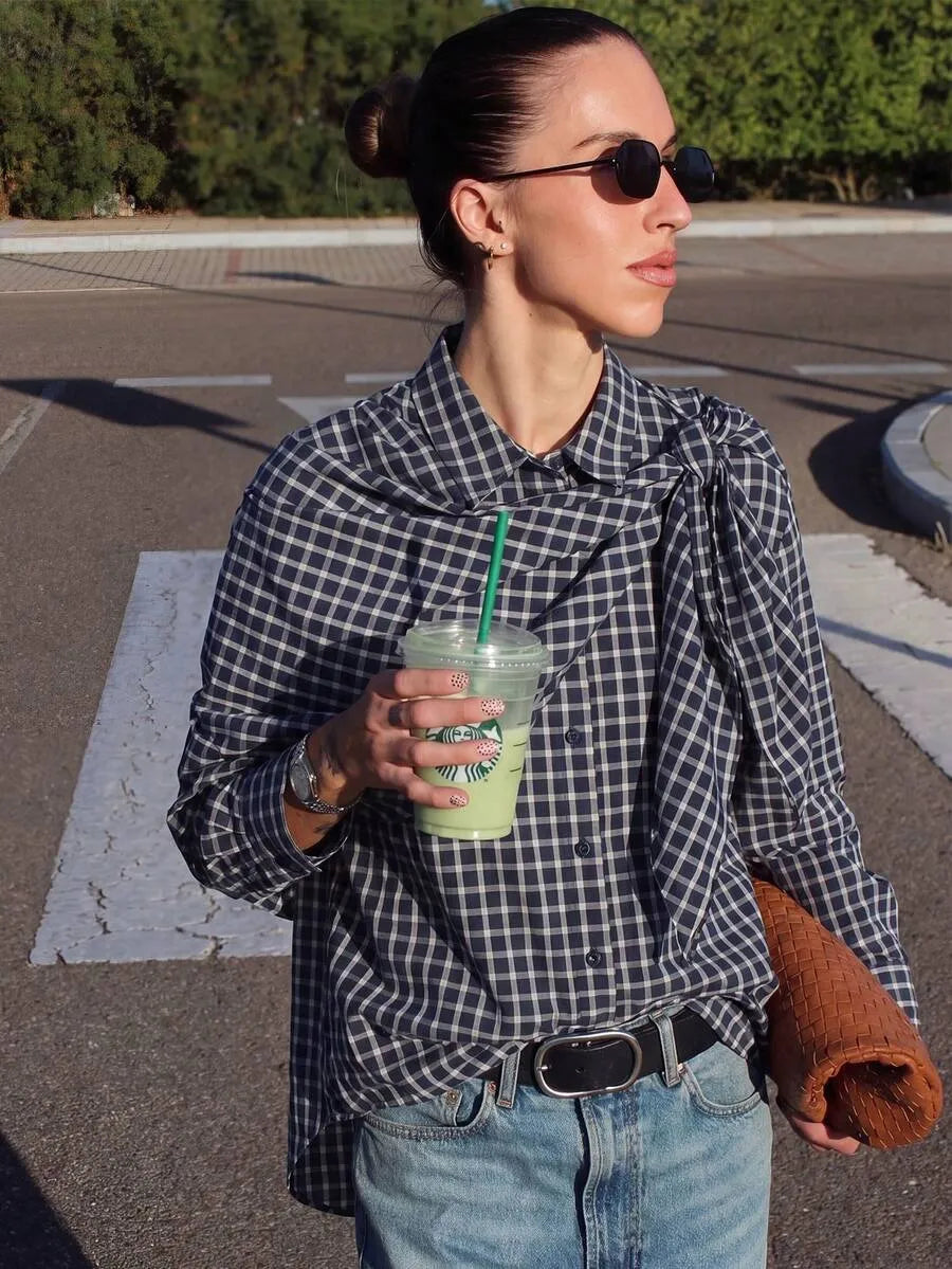 Classic Long Sleeve Plaid Scarf-Tie Shirt